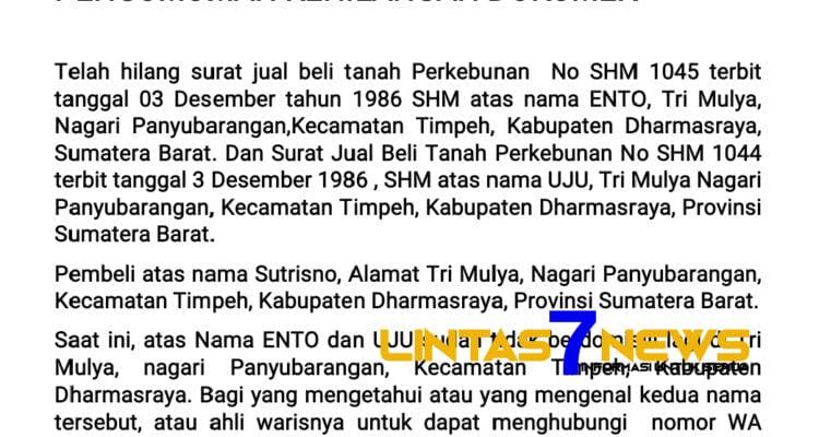 INFORMASI KEHILANGAN DOKUMEN